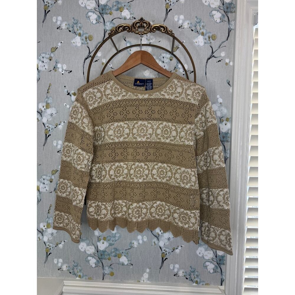 Lizsport Petite Tan Cream Striped Floral Lace Pointelle Knit Sweater Scallop Hem